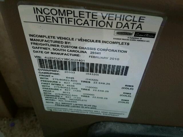 4UZFCUCY3BCAU2401 - 2011 FREIGHTLINER CHASSIS XC ნაცრისფერი ფოტო 10