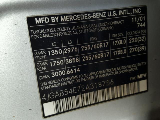 4JGAB54E72A318756 - 2002 MERCEDES-BENZ ML 320 SILVER photo 10