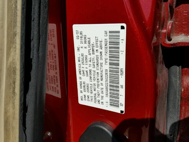 19UUA66227A022839 - 2007 ACURA TL RED photo 10