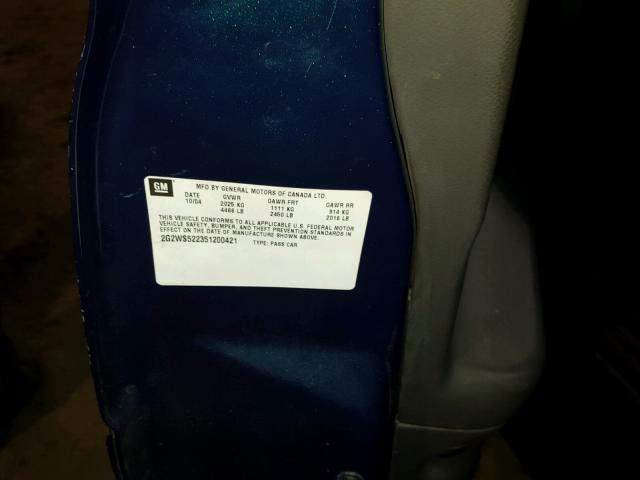 2G2WS522351200421 - 2005 PONTIAC GRAND PRIX BLUE photo 10