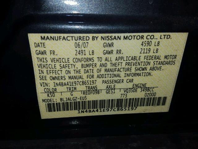 1N4BA41E97C865197 - 2007 NISSAN MAXIMA SE GRAY photo 10