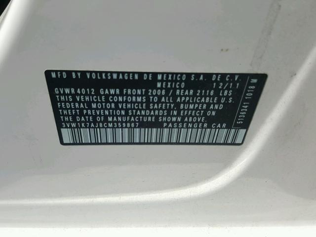 3VW1K7AJ8CM359867 - 2012 VOLKSWAGEN JETTA BASE 白色 照片 10