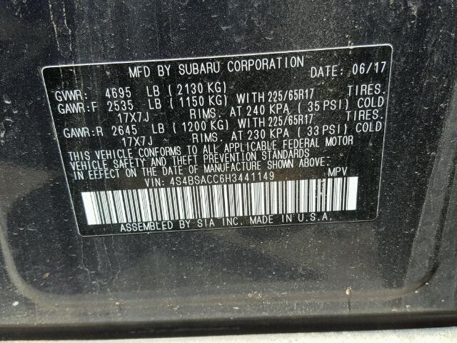 4S4BSACC6H3441149 - 2017 SUBARU OUTBACK 2. GRAY photo 10