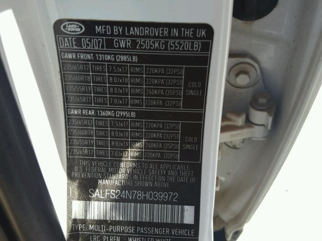 SALFS24N78H039972 - 2008 LAND ROVER LR2 SE TEC WHITE photo 10