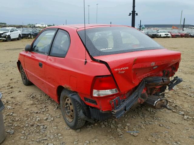 KMHCG35G22U227293 - 2002 HYUNDAI ACCENT BAS RED photo 3