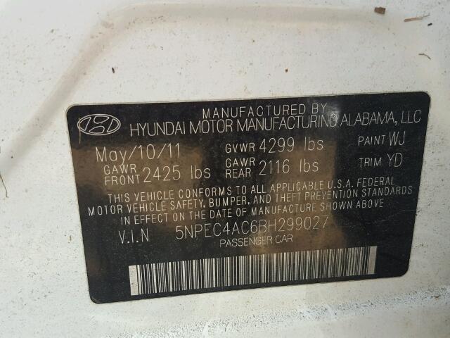 5NPEC4AC6BH299027 - 2011 HYUNDAI SONATA WHITE photo 10