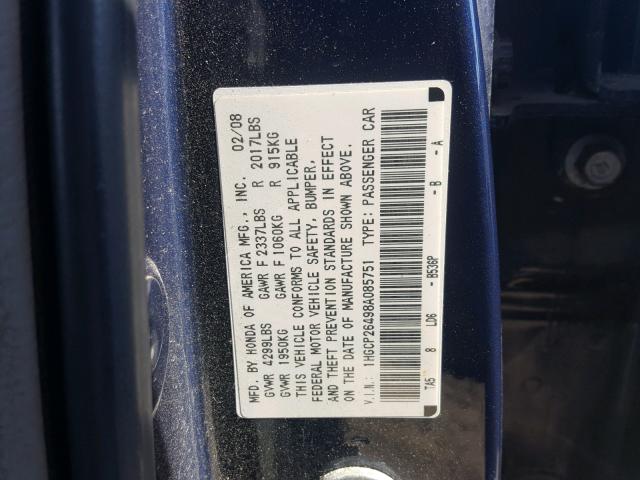 1HGCP26498A085751 - 2008 HONDA ACCORD LXP BLUE photo 10