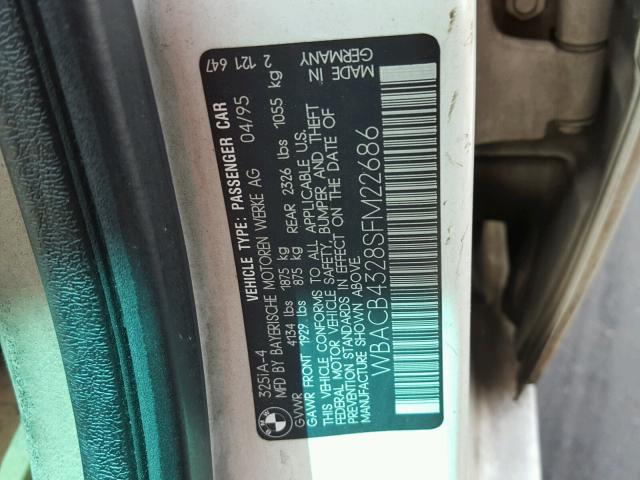 WBACB4328SFM22686 - 1995 BMW 325 I AUTO WHITE photo 10