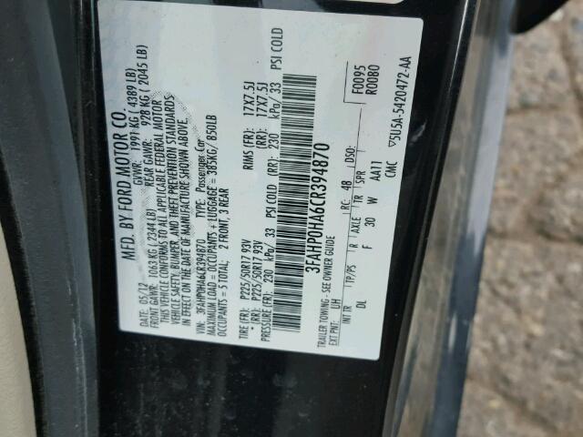 3FAHP0HA6CR394870 - 2012 FORD FUSION GRAY photo 10