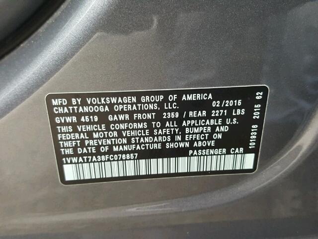 1VWAT7A38FC076857 - 2015 VOLKSWAGEN PASSAT S ნაცრისფერი ფოტო 10