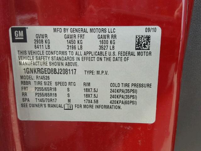 1GNKRGED8BJ208117 - 2011 CHEVROLET TRAVERSE RED photo 10