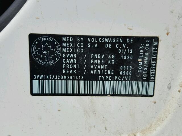 3VW1K7AJ2DM261418 - 2013 VOLKSWAGEN JETTA BASE 白色 照片 10