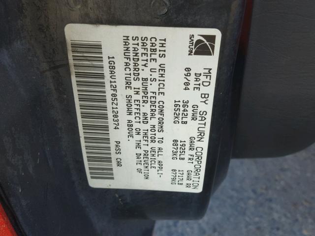 1G8AV12F05Z120374 - 2005 SATURN ION LEVEL RED photo 10