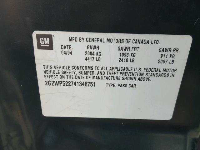 2G2WP522741348751 - 2004 PONTIAC GRAND PRIX GREEN photo 10