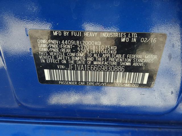 JF1VA1E66G9830886 - 2016 SUBARU WRX PREMIU BLUE photo 10