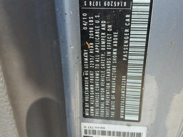 WVWBB7AJ3AW382266 - 2010 VOLKSWAGEN GOLF BLUE photo 10