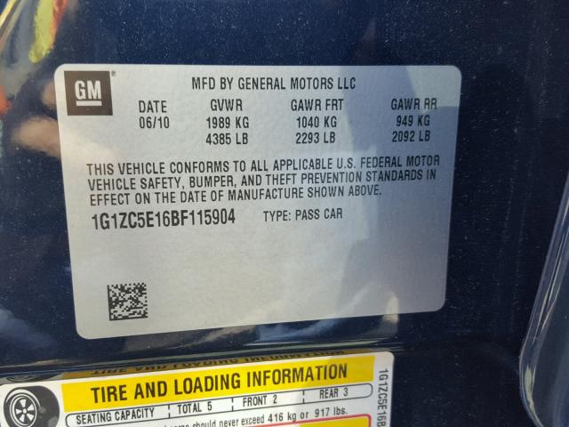 1G1ZC5E16BF115904 - 2011 CHEVROLET MALIBU 1LT ლურჯი ფოტო 10