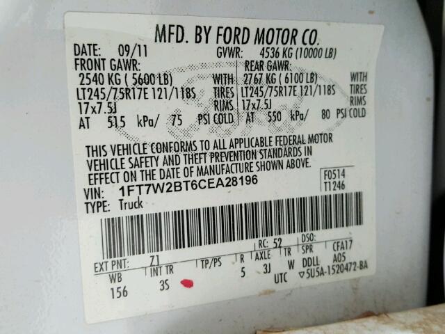 1FT7W2BT6CEA28196 - 2012 FORD F250 SUPER WHITE photo 10