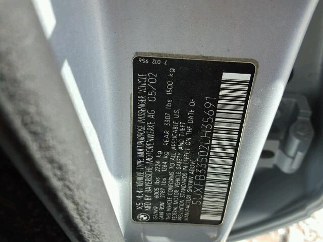 5UXFB33502LH35691 - 2002 BMW X5 4.4I SILVER photo 10