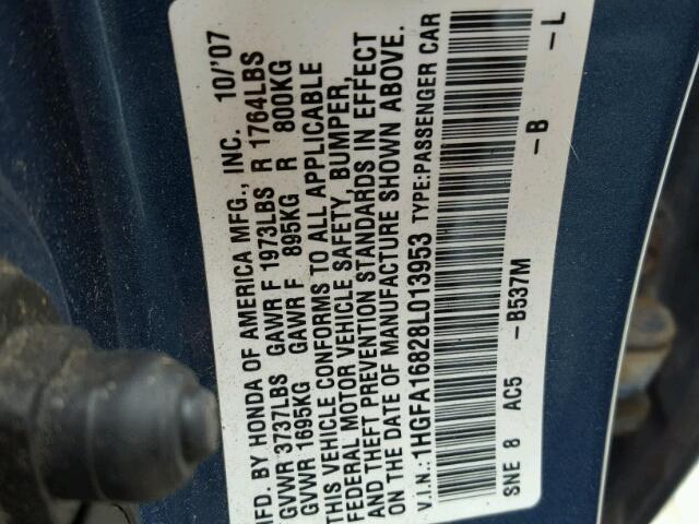 1HGFA16828L013953 - 2008 HONDA CIVIC EX BLUE photo 10