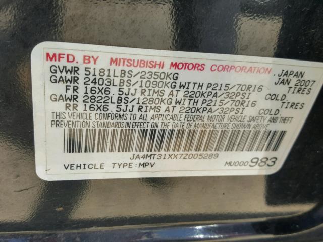 JA4MT31XX7Z005289 - 2007 MITSUBISHI OUTLANDER BLACK photo 10