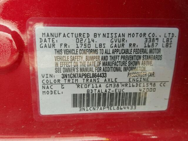 3N1CN7AP9EL864433 - 2014 NISSAN VERSA S RED photo 10