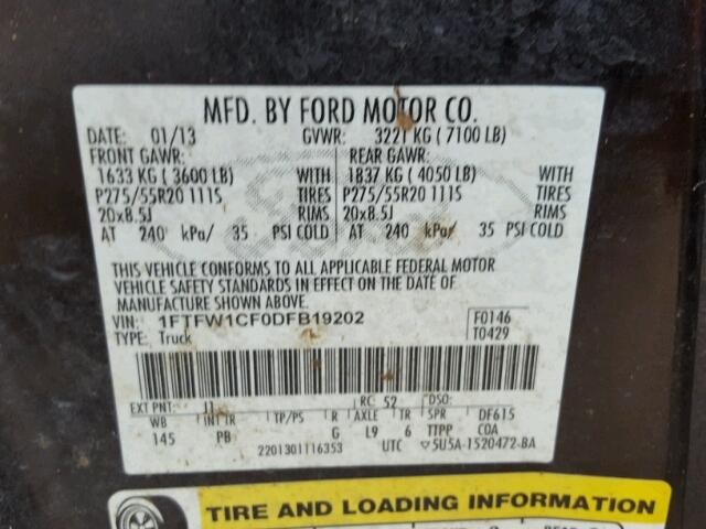 1FTFW1CF0DFB19202 - 2013 FORD F150 BLACK photo 10