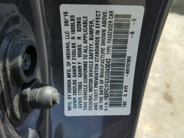 19XFC1F83GE043043 - 2016 HONDA CIVIC EX ნაცრისფერი ფოტო 10