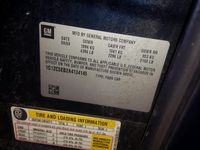 1G1ZC5EB2A4134145 - 2010 CHEVROLET MALIBU 1LT ლურჯი ფოტო 10