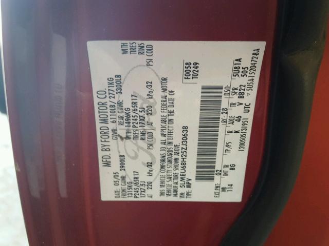 5LMEU68H25ZJ30638 - 2005 LINCOLN AVIATOR 红色 照片 10