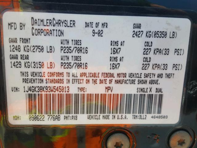 1J4GK38K93W545013 - 2003 JEEP LIBERTY RE BLACK photo 10