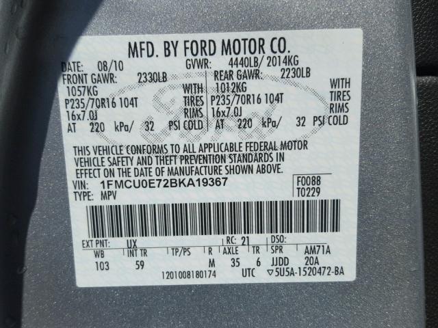 1FMCU0E72BKA19367 - 2011 FORD ESCAPE LIM SILVER photo 10