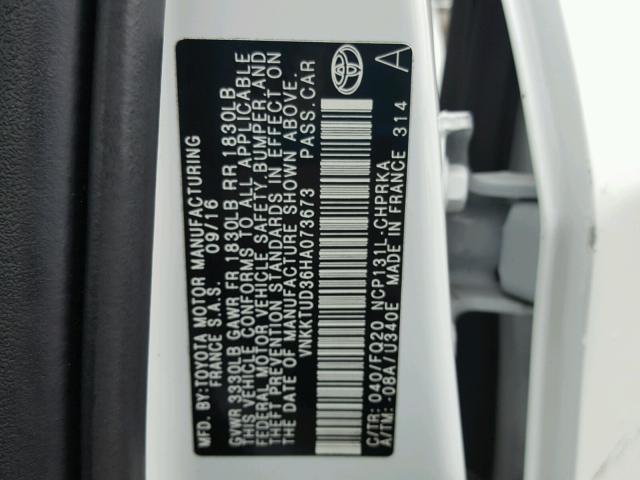 VNKKTUD36HA073673 - 2017 TOYOTA YARIS L WHITE photo 10