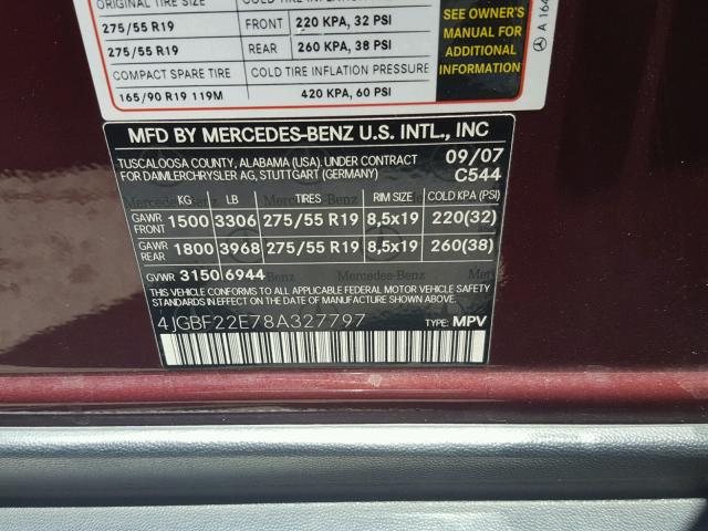 4JGBF22E78A327797 - 2008 MERCEDES-BENZ GL 320 CDI MAROON photo 10