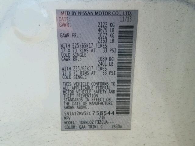 5N1AT2MV5EC758544 - 2014 NISSAN ROGUE S WHITE photo 10