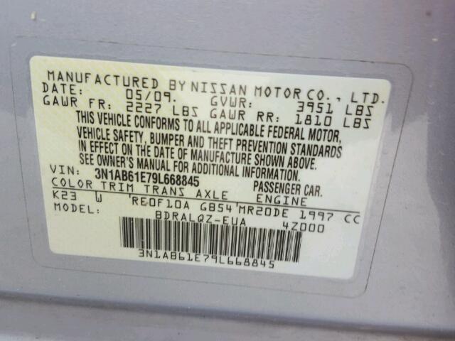 3N1AB61E79L668845 - 2009 NISSAN SENTRA SILVER photo 10