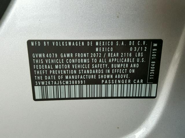 3VW2K7AJ5CM388991 - 2012 VOLKSWAGEN JETTA BASE 银色 照片 10