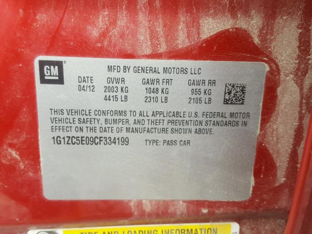 1G1ZC5E09CF334199 - 2012 CHEVROLET MALIBU 1LT მუქწითელი ფოტო 10