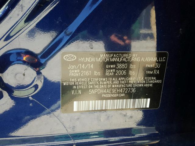 5NPDH4AE9EH472736 - 2014 HYUNDAI ELANTRA SE BLUE photo 10