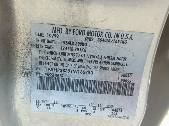 1FAHP3839YW165753 - 2000 FORD FOCUS ZTS GRAY photo 10