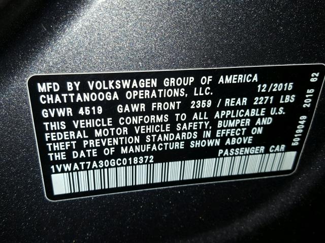 1VWAT7A30GC018372 - 2016 VOLKSWAGEN PASSAT R-L 灰色 照片 10