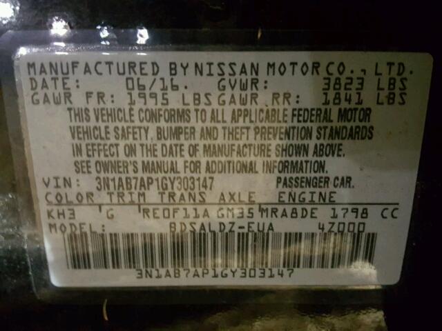 3N1AB7AP1GY303147 - 2016 NISSAN SENTRA BLACK photo 10