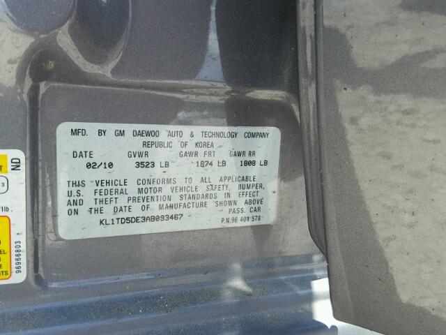 KL1TD5DE3AB093467 - 2010 CHEVROLET AVEO LS GRAY photo 10