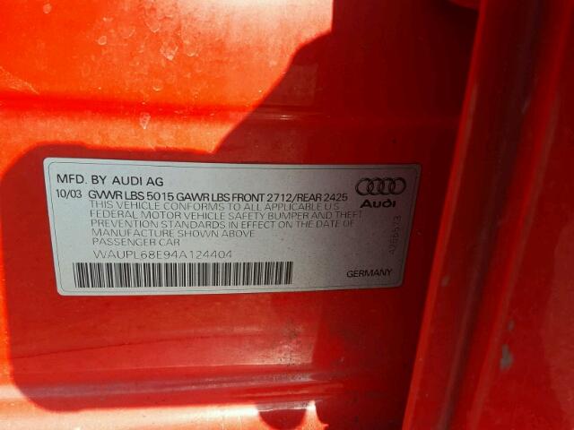 WAUPL68E94A124404 - 2004 AUDI S4 RED photo 10