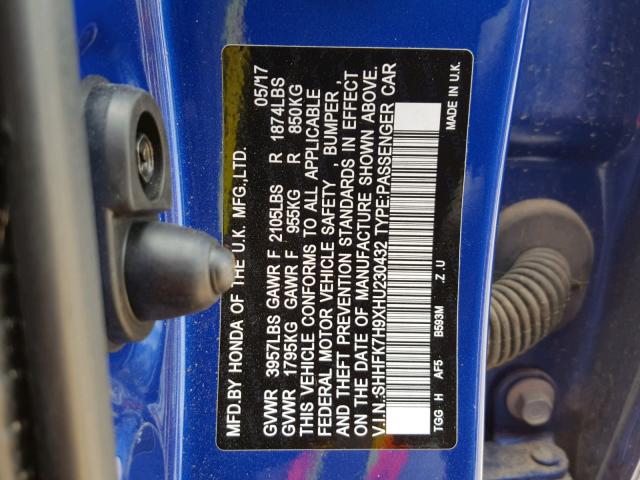 SHHFK7H9XHU230432 - 2017 HONDA CIVIC SPOR BLUE photo 10