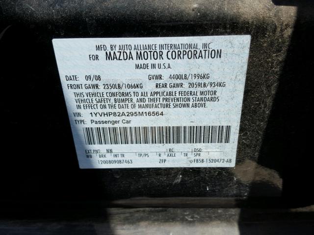 1YVHP82A295M16564 - 2009 MAZDA 6 I Սև լուսանկար 10
