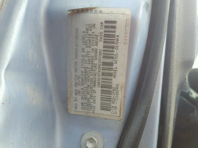 1NXAE97A2MZ200980 - 1991 TOYOTA COROLLA LE 银色 照片 10