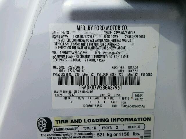 1FMDK07W28GA37961 - 2008 FORD TAURUS X WHITE photo 10