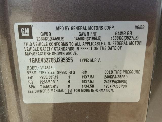 1GKEV33708J295855 - 2008 GMC ACADIA SLT ყავისფერი ფოტო 10