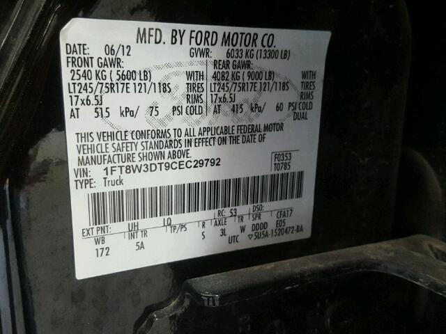 1FT8W3DT9CEC29792 - 2012 FORD F350 SUPER BLACK photo 10